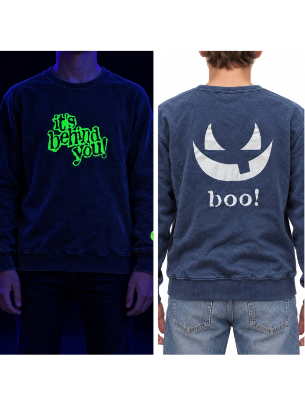 Bossini UV Reactive Halloween Glow Graphic Crewneck Sweatshirt Navy Blue Size L
